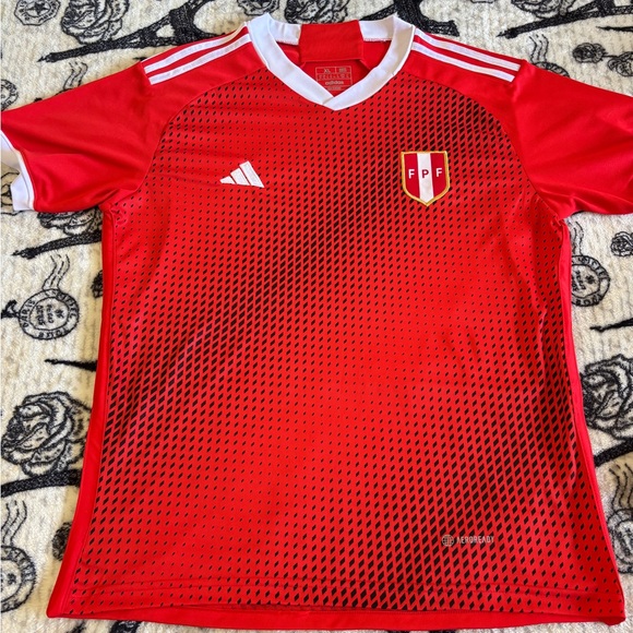 MEN'S ADIDAS PERU FPF AWAY SOCCER JERSEY RED/WHITE CAMISETA V-NECK SZ XL - Picture 1 of 5